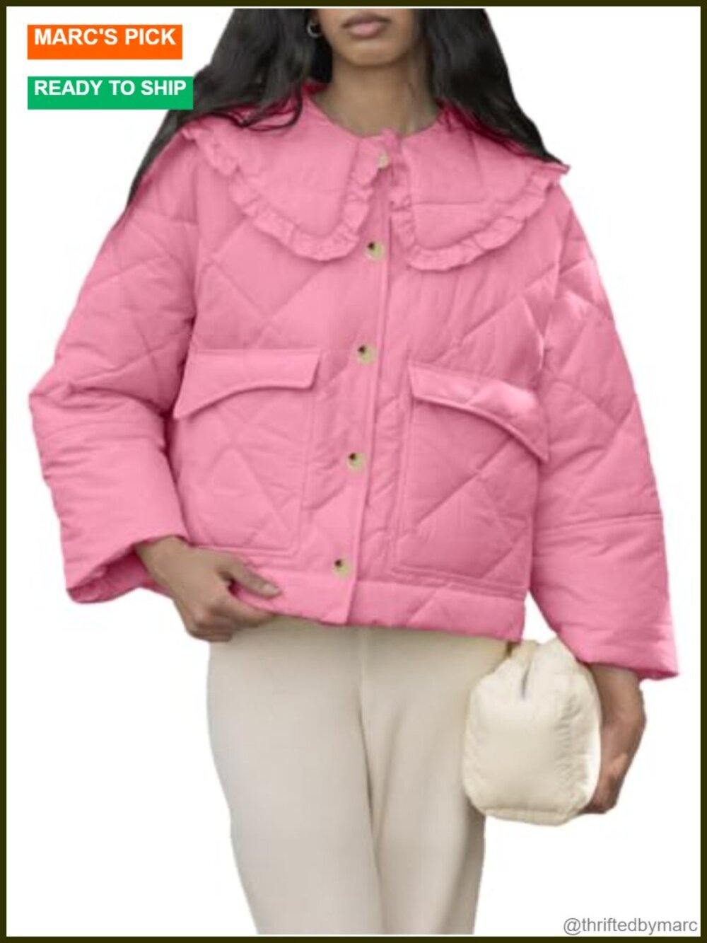CUFEZN Women's Cropped Quilted Puffer Jacket Frilly Peter Pan Collar